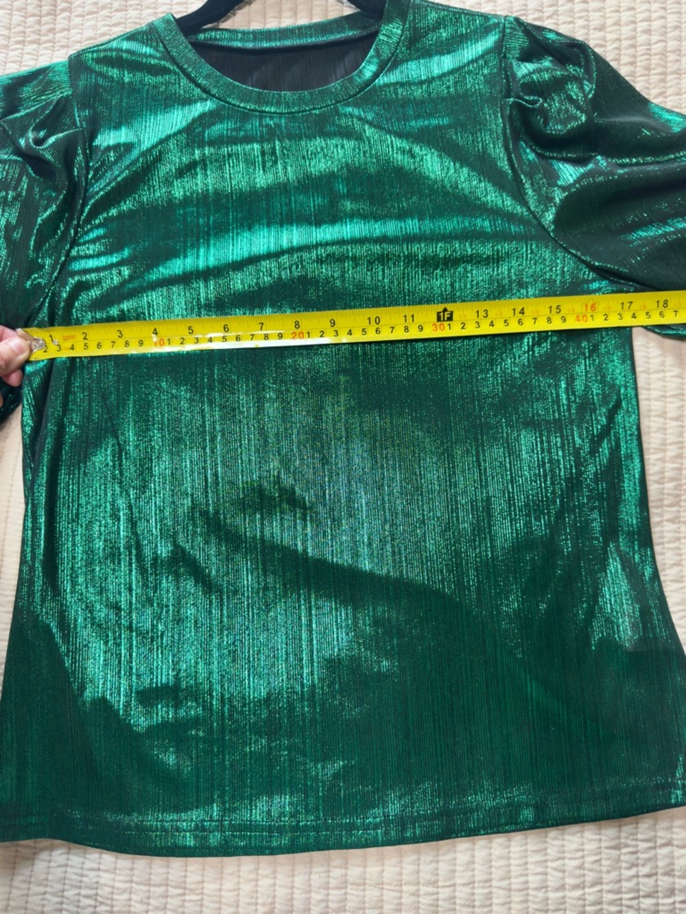SHEIN Green Metallic Puff Shoulder Long Sleeve Top - Picture 8 of 8